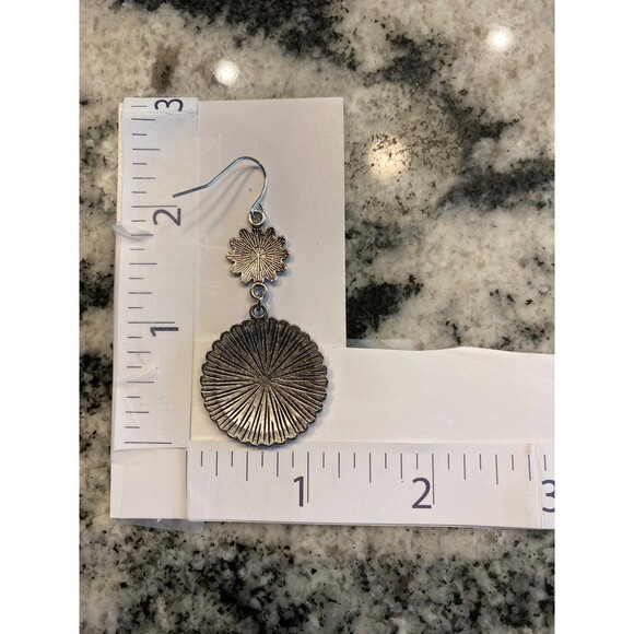 Earrings Boho  Silver & Black w/ Pink Orange Flowers Dangle Metal Shiny Hippie - Picture 6 of 6